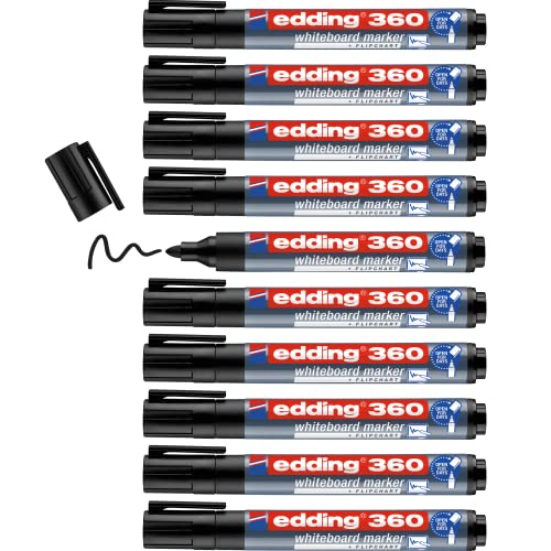edding 360 whiteboard marker - black - 10 whiteboard pens - round tip 1.5-3 mm - whiteboard pen dry wipe - for whiteboards flipcharts pinboards magnetic and memo boards - sketchnotes - refillable