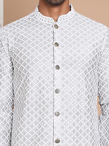 Image of Jompers Men's Silk Blend Regular Fit Sequin Chikankari Front Open Kurtas