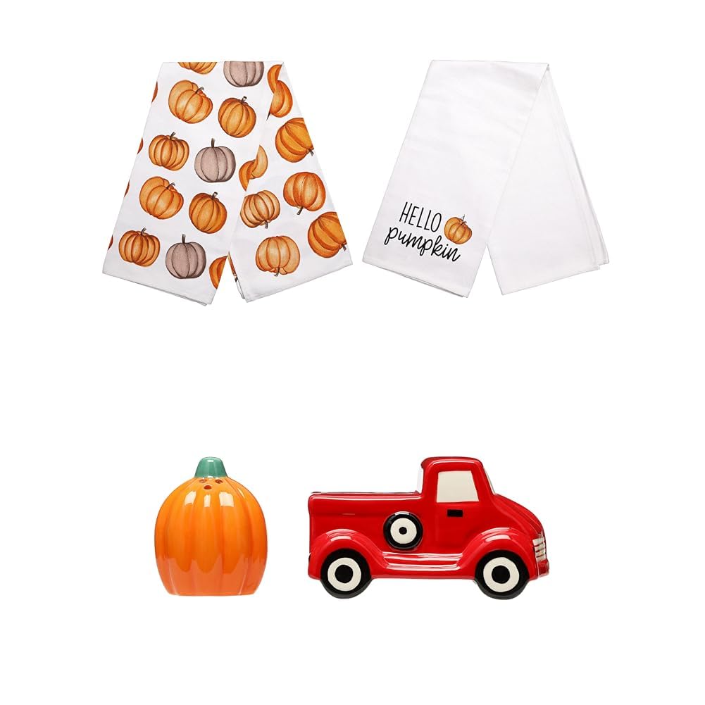 Bundle of Pearhead Fall Pumpkin Tea Towels Set of 2, Hello Pumpkin Print and Pumpkin Pattern + Ceramic Pickup Truck And Pumpkin Salt &amp; Pepper Shakers