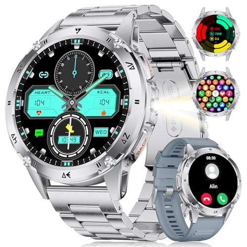 LIGE Militar Reloj Inteligente Hombres, 1,43'' Smartwatch Hombre con Linterna, 110+ Modos Deportivos, 530 mAh, Impermeable/24H Frecuencia Cardíaca/Llamadas Bluetooth Asistente de Voz Platead