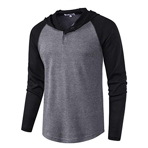 Men's Causal Pullover Hoodie Lightweight Solid Color Hooded Sweatshirt Tops Long Sleeve Waffle-Knit Henley Shirt