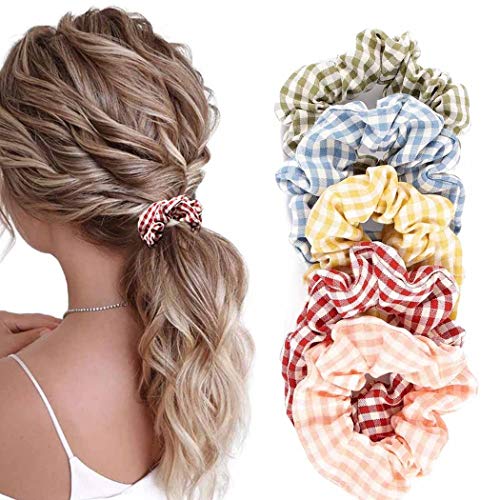 Tgirls Vintage Hair Ties Silk Hair Scrunchies Plaid Hair Elastic Elegant Ponytail Holder for Women and Girls 5Pcs