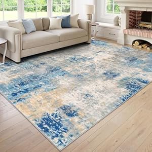Lahome Modern Abstract 9x12 Area Rugs for Living Room, Washable Living Room Rug for Bedroom Low Pile Non Slip, Soft Indoor Accent Carpet for Dining Room Table Apartment, Blue/Grey 9' x 12' B