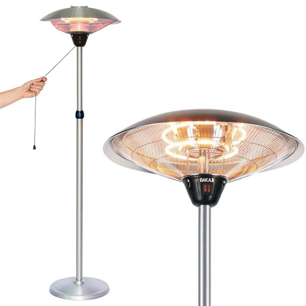 BAKAJI Stufa 2 Elementi al Quarzo per Patio Gazebo Lampada Piantana Infrarossi in Acciaio Inox Altezza 210 cm Regolabile Fungo da Esterno 2 Potenze Regolabili Accensione a Corda Potenza Massima 2000W