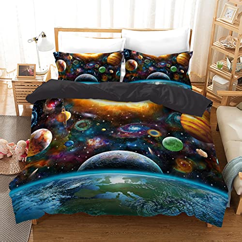 Juego de cama infantil con funda de edredón y 2 fundas de almohada, impresión 3D, diseño de galaxia con cremallera, suave microfibra (200 x 200 cm)