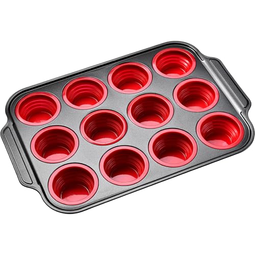 NASSMOSSE Muffinpfanne 12 Kompartiment Silikon & Edelstahl Muffin-Dose mit Griffe nicht hitzebeständige Cupcake-Pfanne für Zuhause