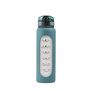 TintBox 1 Litre Motivational Borosilicate Glass Sipper with Silicone Sleeve, Time Markings, Leak-Proof (Planet Green) - Amazon product rated Grade A