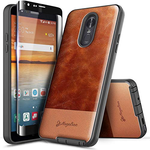 LG Stylo 4 Case, LG Stylo 4+ Plus/LG Q Stylus with Tempered Glass Screen Protector (Full Coverage), NageBee Premium Cowhide Leather Armor Defender Dual Layer Shockproof Hybrid Rugged Case -Brown