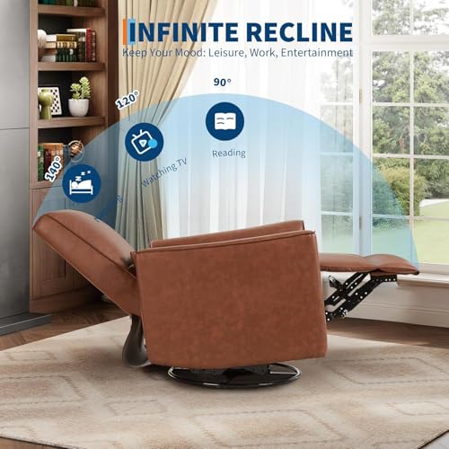 Image of Swivel Rocking Nursery Recliner Chair, Glider Rocker Recliner with High Backrest & Deep Seat, PU Leather Sofa Chair for Nursery, Living Room, Bedroom and Home Theater, Brown
