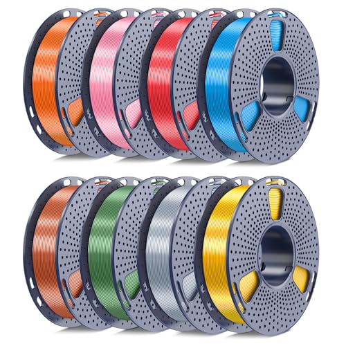 250g Silk PLA+ Filament 1.75mm Bundle, SUNLU 3D Printer Filament Glossy, Smooth Silky Surface, 250g Spool, 8 Rolls, Gold+Silver+Red+Bronze+Copper+Blue+Pink+Orange