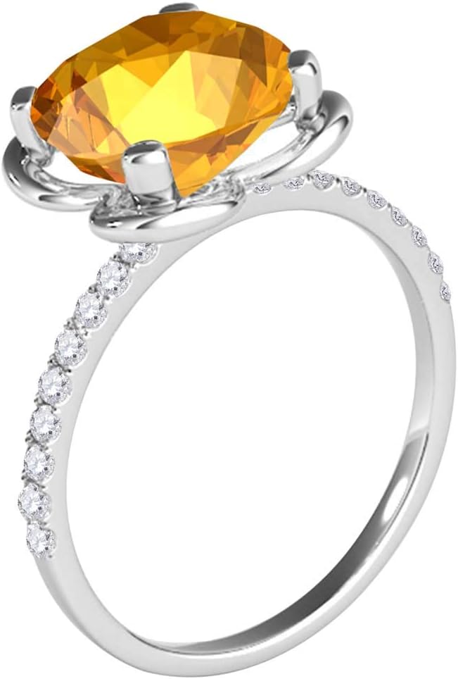 MauliJewels 2.35 Carat Diamond and Citrine Ring for Women – Cushion Cut Citrine with Diamond Accents, Prong Set in 10K White Gold