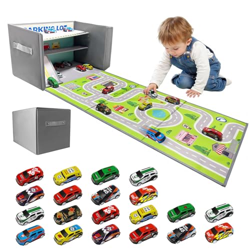 Spielzeug Garage für Autos Parkhaus für Kinder: 3 In1 Faltbar Auto Garage Kinder mit 20 Autos - Auto Organizer und Spielteppich (Gray)