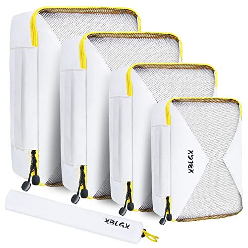 XBLGX Packing Cubes for Suitcases 5-Pcs Travel Luggage Packing Organizers Set with Laundry Bag & Shoe Bag（White/Yellow）