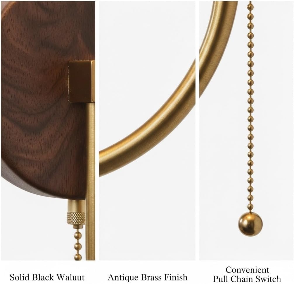 Modern Walnut Wall Sconce with Pull Chain, Brass Wall Light Fixture Mid-Century Nordic Wall Lamp for Bedroom Bedside Living Room Hallway, E26 Wall Mounted Lighting Parlor