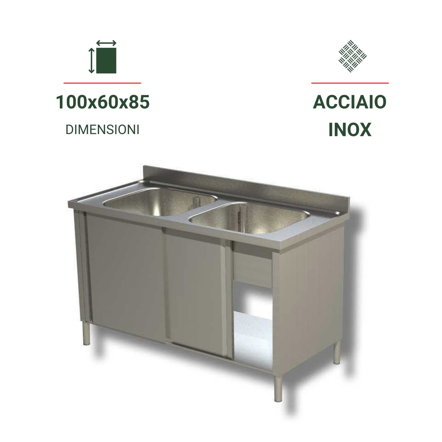 Ristoattrezzature Lavello Armadiato in Acciaio Inox - Professionale, per Cucine Ristoranti e Pizzerie - 2 Vasche 2 Porte Scorrevoli - 100x60x85h cm
