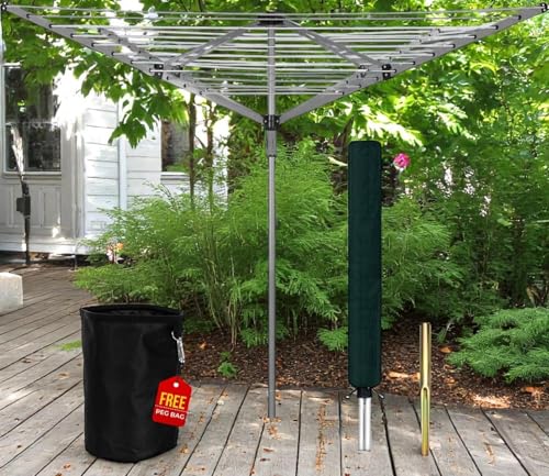 MEHRU Heavy Duty Rotary Washing Line Outdoor 4 Arm 60M Clothes Airer with Peg Bag Metal Ground Spike Waterproof Cover Foldable Garden Dryer Whirlygig Laundry Spinner Weatherproof Portable Drying Horse - Image 3