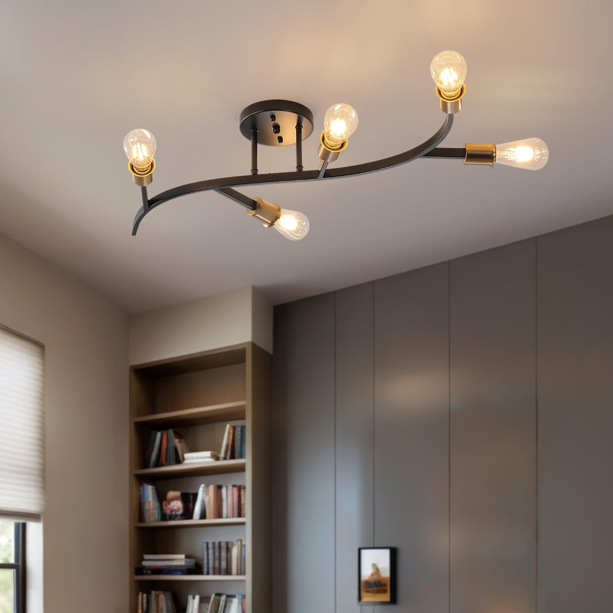 Dukinpam Modern Sputnik Semi Flush Mount Ceiling Light Fixture Black and Gold,5-Lights Mid Century Sputnik Chandelier for Dining Room,Kitchen,Hallway,