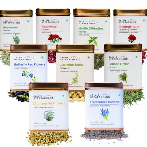 Image of Jaivik Uttarakhand - Herbal Tea Gift Pack (10 Count (Pack of 1) (56.7g), Lavender, Butterfly Pea, Chamomile, Rose Petals, Lemongrass, Rosemary, Jasmine, Hibiscus, Rhododendron, Nettle Leaf Tin Can)