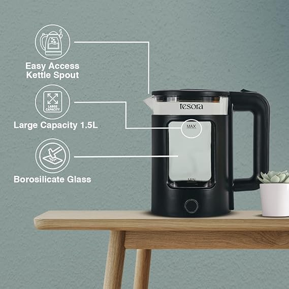 Image of Premium Electric Kettle | Auto Power Cut | Boil-Dry Protection | Cool Touch Double Wall | 1500 Watts |1-Year Warranty by Tesora (Black)