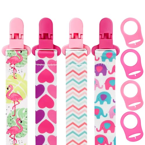 Image of Boho Pacifier Clips for Girls, 4 Pack Pacifier Strap with Adapters for Girls, Pacifier Holder Binky Clips, Baby Girl Newborn Essentials for Baby Teething Toys Baby Shower (Pink+Red)