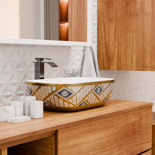 Image of Inart Wash Basin - Table Top Basin, Counter Top Wash Basin for Bathroom, Modern Ceramic Tabletop Sink Washbasin Design for Living Room, Dining Hall, Washrooms - 45 X 32 X 13.5 cm, Gold