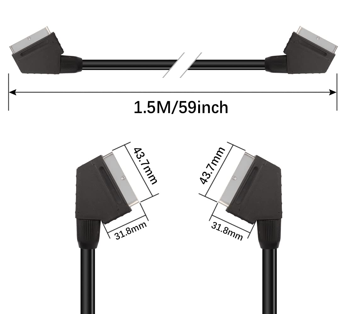 YAODHAOD Câble SCART galvanisé 1,5 m 21 pôles, blindé multiple, fiche de précision, Full HD (mâle vers mâle)