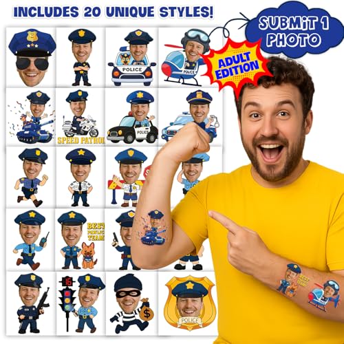 Image of Custom Police Temporary Tattoos for Kids | Personalized Pre-Cut Face Photo, Birthday Party Favors for Boys, Police Lovers, Set of 20