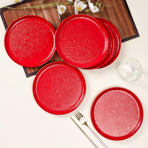 Image of MARKET 99 Melamine Dinner Plates Set of 6 Red Hammered Design | Round Serving Plates for Kitchen Dining Tableware | Lightweight Durable Food Plates for Daily Use, Party Serving, & Buffet