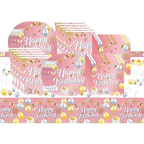 Pink Gold Birthday Party Tableware-31Pcs Happy Birthday Disposable Tableware Pink Paper Plates Napkins Cup Tablecloth Dinnerware for Baby Shower,Birthday,Girls,Her,Kids,Him,Cocktail,Gifts Party Cover