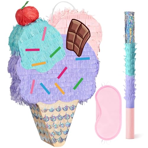 WERNNSAI Eis Pinata – Eiscreme Pinata Geburtstag Mädchen Kinder Eiscreme Piñata Set mit Stock Augenbinde Lila Eis Geburtstagspiñata Partyspiele Geburtstagsparty Dekoration Babyparty Piñata