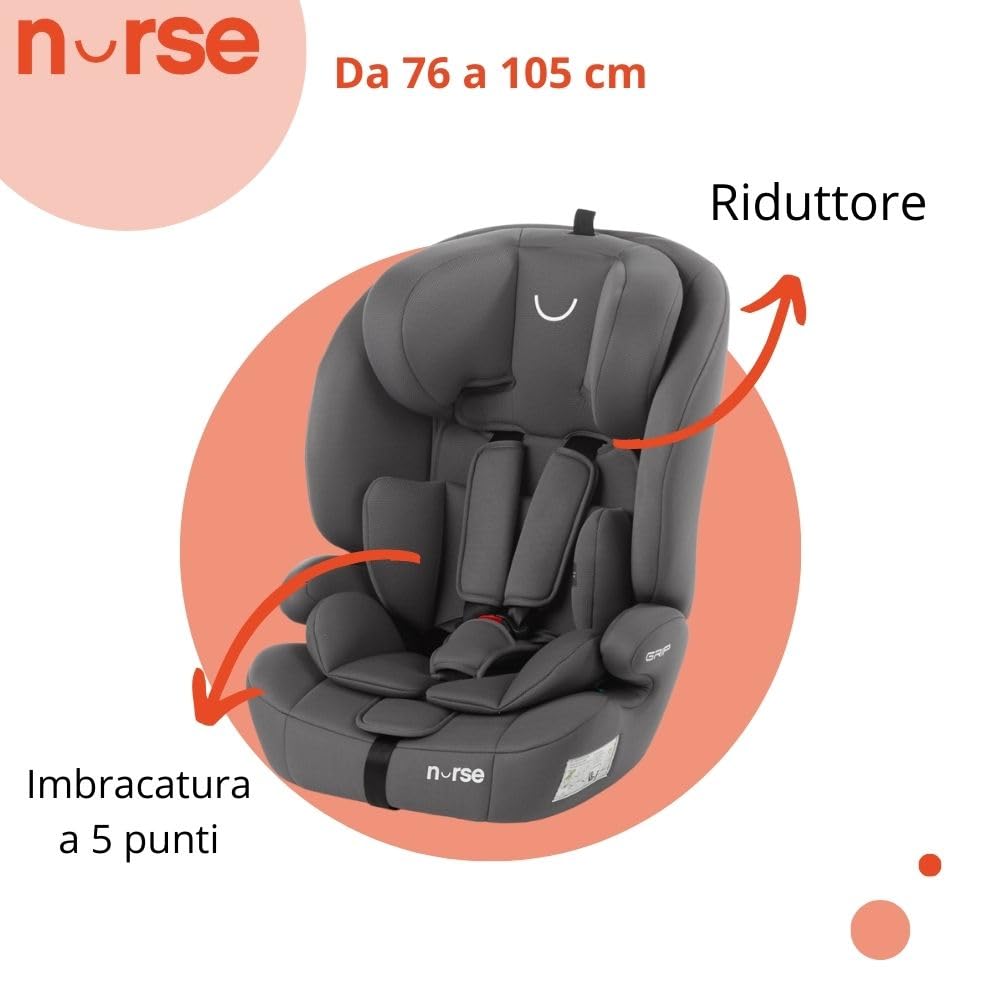Nurse by Jané Grip Seggiolino Auto i-Size 76–150 cm, 2–12 Anni, Senza Isofix, Installazione con Cintura, 9 Posizioni, Gruppo 1 2 3, Grigio