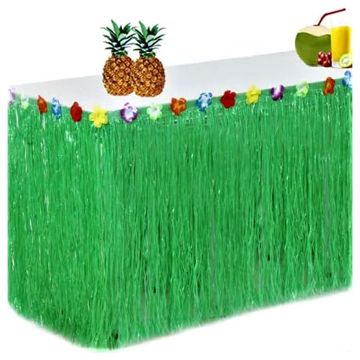 King Luau Green Grass Table Skirt - 9ft x 29in Luau Table Skirt | Raffia Fringe Party Decoration for Tiki Tropical Hawaii or Moana Themed Birthday, Graduation or Costume Party | Hawaiian Table Skirt