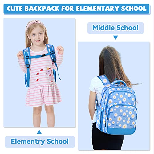 Vaschy Kids Backpacks, 16In Water Resistant Backpack For Preschool/Primary/Elementary School Bookbag For Girls With Tablet Sleeve Blue Daisy #TOP6