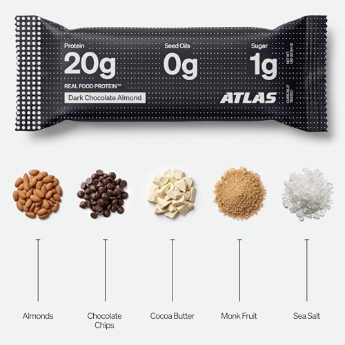 Image of Atlas Real Food High Protein Bars - 20g Protein, 1g Sugar, Clean Ingredients, High Fiber, Low Sugar Snack Bar, No Seed Oils, No Artificial Sweeteners (Dark Chocolate Almond, 12 Count)