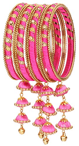Image of NMII Metal & Silk Thread Jhumka Zircon Latkan Stylish Bangles Set For Women's and Girls | Women's Fancy Latkan Bangles Set | Ethnic Fashion Jewellery- Set of 12 Bangle, (G405 Pink-2.8(2.8))