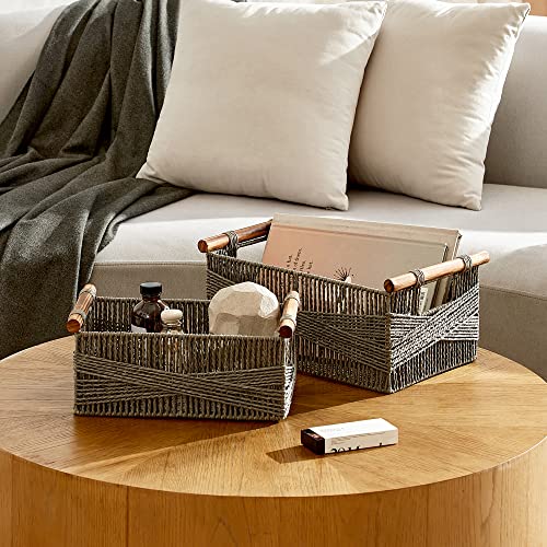 La Jolie Muse Wicker Storage Baskets For Organizing, Recyclable Paper Rope Basket With Wood Handles, Decorative Hand Woven Basket Organizers For Makeup Books Shelves Living Room, Grey, Set Of 2 #TOP1