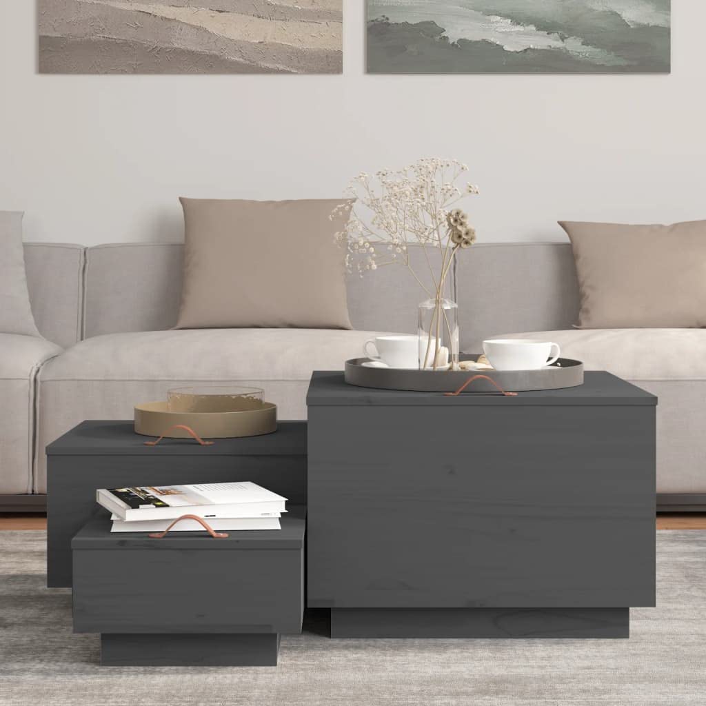 3er Set Aufbewahrungsboxen mit Deckel aus massivem Kiefernholz, Holzkisten Set in Grau, Allzweckkiste Holzboxen für Wohnzimmer und Flur, Beistelltisch Truhe