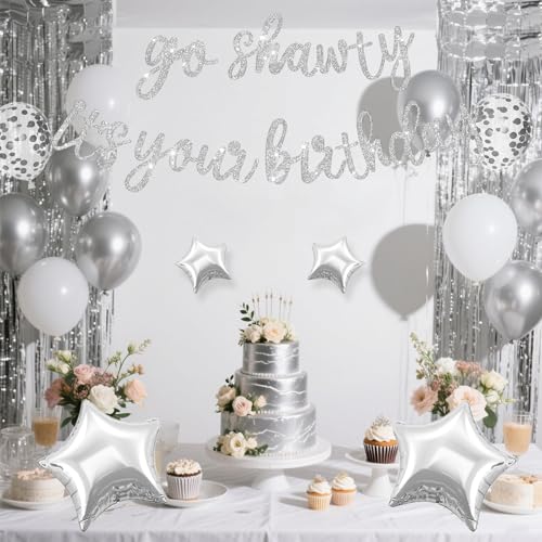 Silber Go Shawty It's Your Birthday Banner Ballons Dekorationen, Glitter Silber Geburtstag Banner mit Fransen Vorhang weiß Ballon Stern Folie Ballon für Mädchen Frauen Männer Hip Hop Rap Thema Party