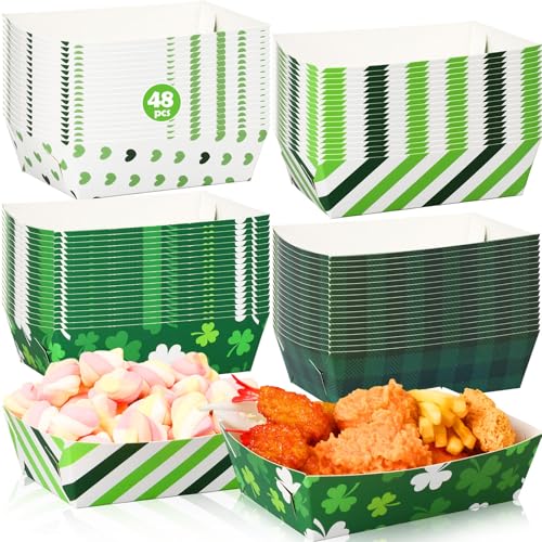 Dunzoom 48 Pcs St Patrick's Day Paper Plates Food Trays Green Shamrock Bowl Disposable Irish Clover Nacho Hot Dog Snack Candy Containers Serving Boat for Saint Patty's Day Party Supplies Decoration