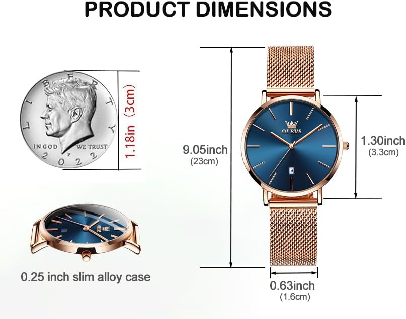 OLEVS Women's Watch Luxury Dress Rose Gold Women Slim Thin Lightweight Watch Stainless Steel Mesh Watches Fashion Waterproof Ladies Wrist Watch Black White Blue Face,Adjustable Bracelet - Image 4