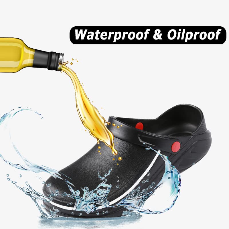 FLIOZY Chef Clogs Men's Women's Non-Slip Nursing Chef Shoes Food Service Work Shoes Professional Waterproof and Oil-Proof Kitchen Garden Hospital Nursing Clogs Black 46/47