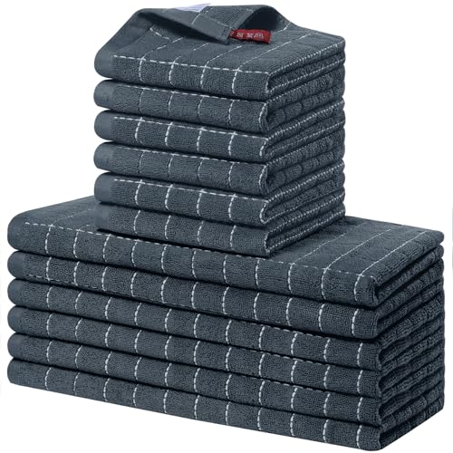 Homaxy Kitchen Towels and Dishcloths Set, 12 x 12 and 13 x 28 Inches, Set of 12 Bulk Cotton Terry Kitchen Towels Set, Checkered Designed, Soft and Super Absorbent Dish Cloths, Dark Grey