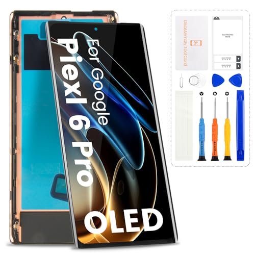 OLED for Google Pixel 6 Pro Screen Replacement for Google Pixel 6 Pro LCD Display GLUOG G8VOU Touch Screen Assembly with Repair Tools (Black with Frame No Fingerprint Cable)