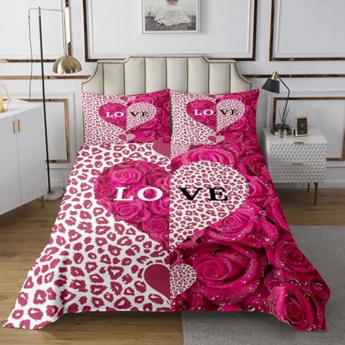 feelingyou Funda nórdica con estampado de rosa con 2 fundas de almohada Romántico Día de San Valentín temática Coverlet tamaño M para adolescentes adultos estampado leopardo rosa estampado corazón
