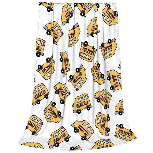 Yomane School Bus Print Fleece Blanket, All Season Car Pattern Bed Flannel, Cartoon Fuzzy Throw Blanket for Bed Sofa Couch Home Bedroom Decor (White, 40"x50")