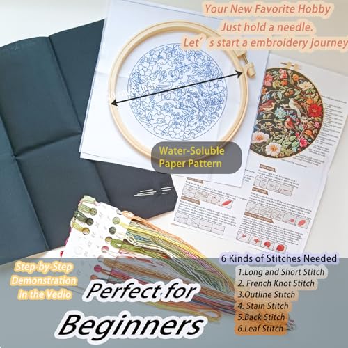 Image of FONNUY Embroidery Kit for Beginners, Birds with Flowers Pre-Stamped Pattern Kits for Adults with Hoop, Easy to Follow Color Thread Needlework, 8'' Hoop (Blue)