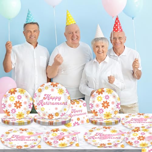 Image of 96Pcs Retirement Party Supplies Happy Retirement Plates and Napkins Colorful Daisy Flower Tableware Set Floral Disposable Dinnerware for Women Goodbye Going Away Farewell Party Decorations 24 Guests