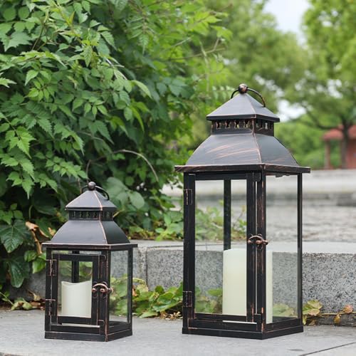 Image of NEEDOMO Lanterns Decorative Outdoor&Indoor, Set of 2 Large Bronze Metal Lantern Decor with Glass, Candle Holder for Porch, Patio, Garden, Balcony, Wedding, Table Centerpiece Decor with LED Candles