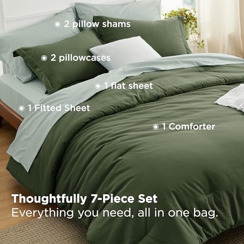 Image of Bedsure Queen Comforter Set - 7 Pieces Olive Green Queen Bedding Set for All Seasons, Boho Contrasting Design Bed in a Bag with Comforter, Sheets, Pillowcases & Shams
