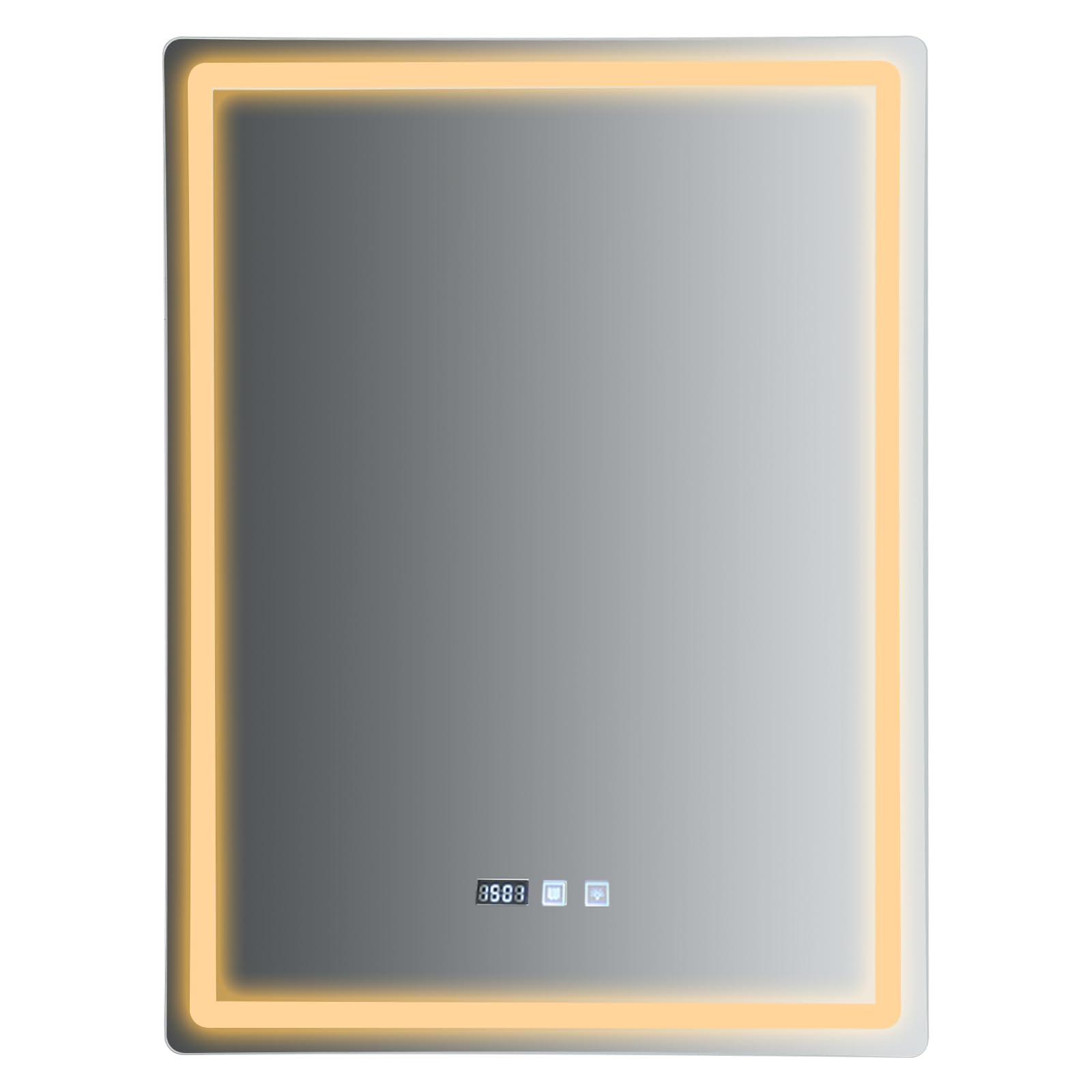 Espejo de baño LED con luces, 60 x 80 cm, espejo iluminado para pared de baño, regulable, sin vaho, tres colores de luz, instalación vertical, plata